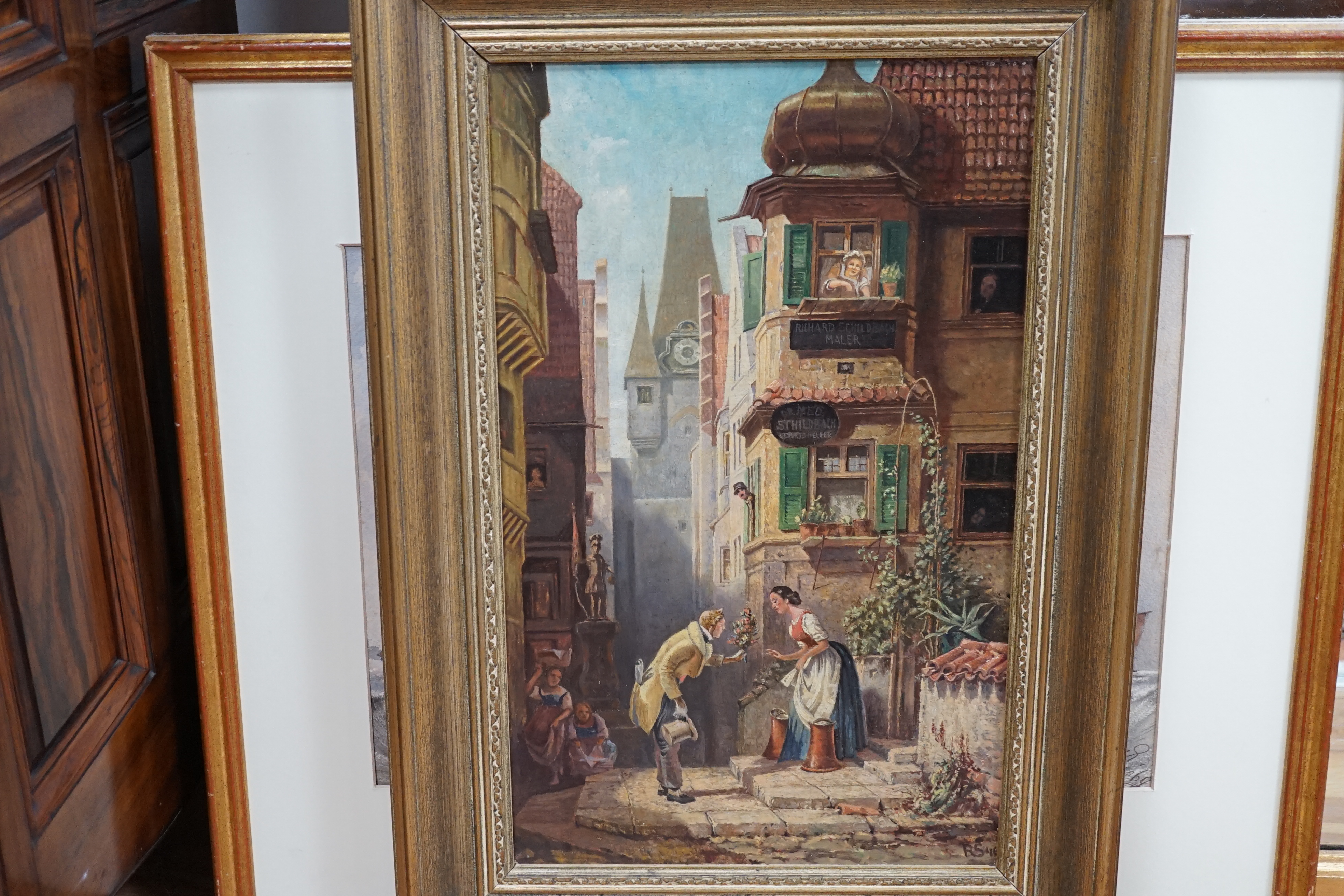 R. Syer, oil on board, Continental street scene with figures, signed, 39 x 24cm. Condition - good